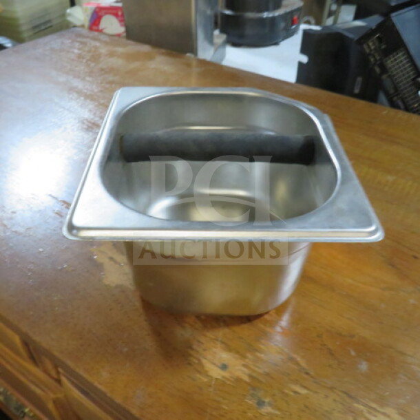 Stainless steel knock box with rubber rod, gently used condition, for espresso grounds disposal.
