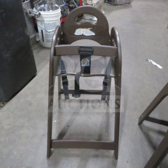 Koala Kare poly high chair with safety straps, brown finish, sturdy design, minor wear, ideal for commercial use.