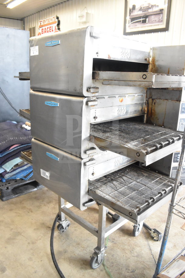 Turbochef HhC2020 commercial electric conveyor ovens on stand. Stainless steel, 208/240V, 3-phase, used condition.