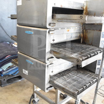 3 2022 Turbochef HhC2020 Commercial Electric Powered Conveyor Rapid Cook Oven w/ Equipment Stand on Commercial Casters. 208/240 Volts, 3 Phase. 3 Times Your Bid!