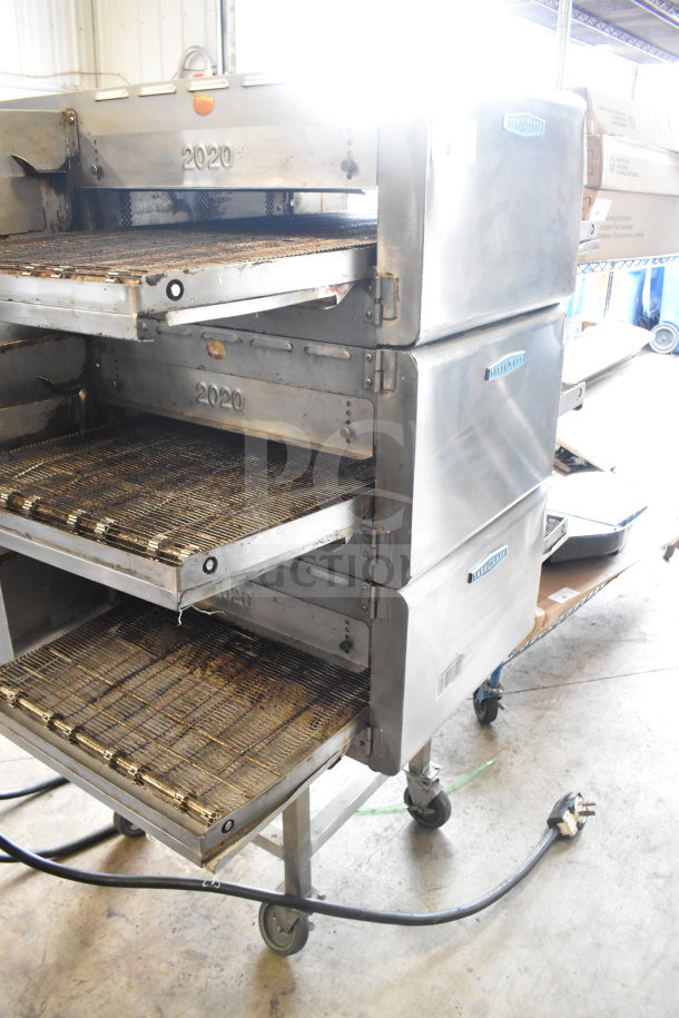 Three 2022 Turbochef HhC2020 commercial conveyor rapid cook ovens with stand on casters. Electric, 208/240V, 3 phase.