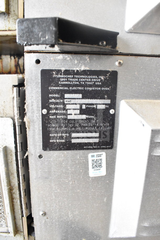 Turbochef HhC2020 commercial conveyor oven label, showing model, serial number, voltage, November 2022 manufacture date.