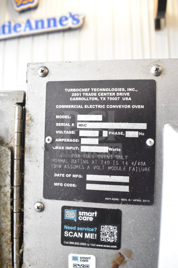 Turbochef HhC2020 Electric Conveyor Oven label showing model, voltage, and manufacturing details.