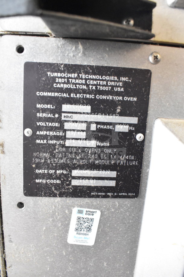 Turbochef HhC2020 commercial conveyor oven label showing model, serial number, voltage, and manufacturing date.