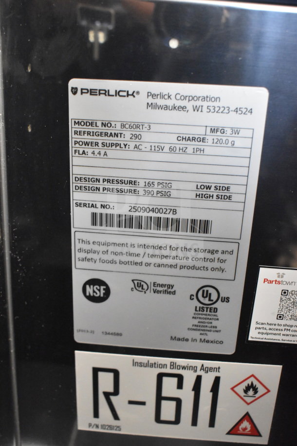 Alt text: Label on Perlick BC60RT-3 cooler, detailing model, refrigerant type, power supply, and design pressure specs.