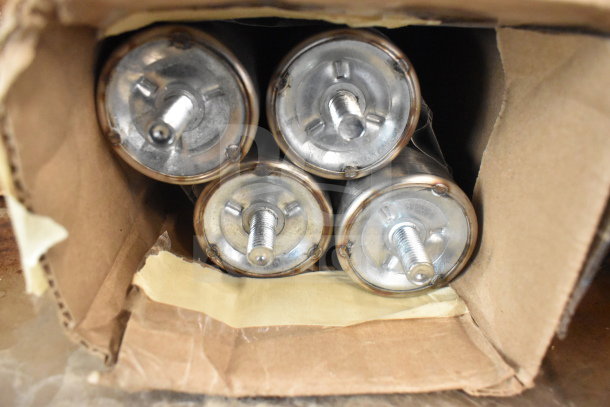 Box containing four metallic cylinders with threaded ends, possibly components or parts for Blodgett Invoq Hybrid oven.