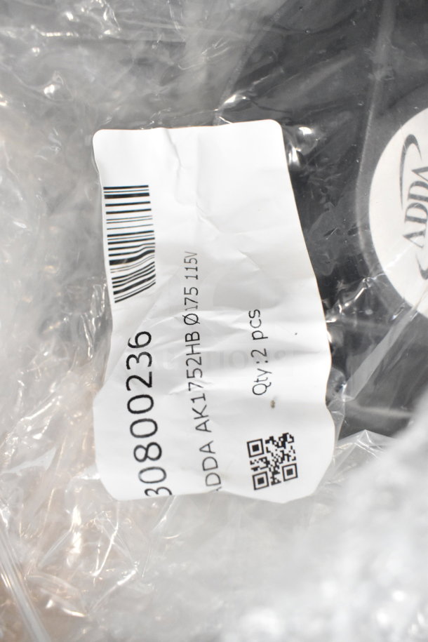 Plastic packaging with a label displaying ADDA fan model AK1752HB Ø175, 115V, quantity of two pieces.