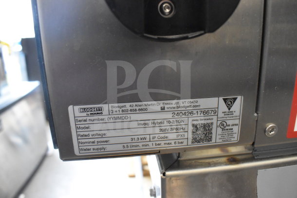 2024 Blodgett Invoq Hybrid 10-2/1GN combi oven with ventless Hoodini hood. Label shows model info, 208V, 31.3kW power.