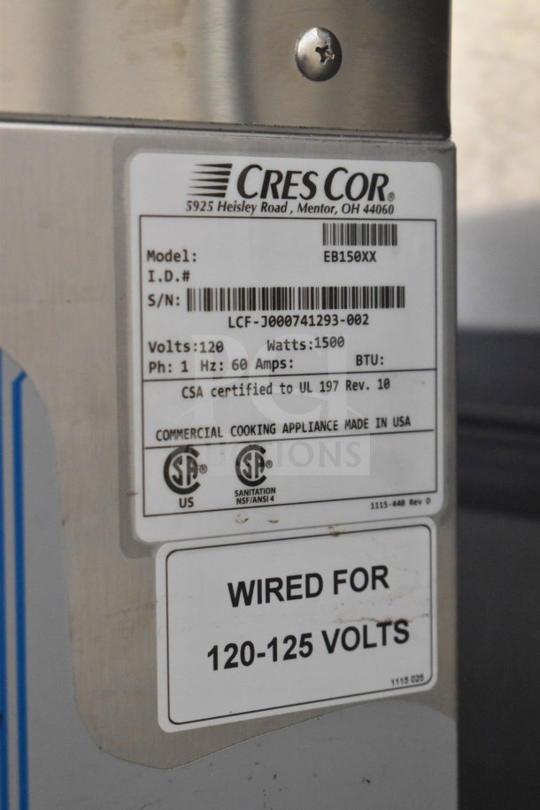 CresCor EB150XX heated banquet cabinet, brand new, 120 volts, 1 phase. CSA certified, commercial casters. Scratches present.