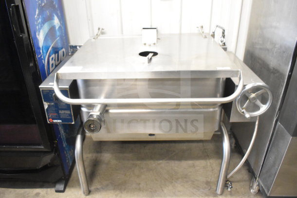 Groen commercial floor-style braising pan, 104,000 BTU, natural gas powered, stainless steel, sturdy legs, excellent condition.
