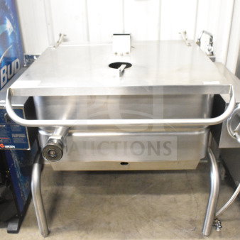Groen commercial floor-style braising pan, 104,000 BTU, natural gas powered, stainless steel, sturdy legs, excellent condition.