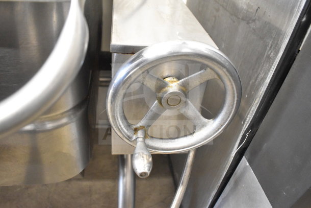 Groen Commercial Floor Style Braising Pan, natural gas powered, 104,000 BTU, featuring a metal turning wheel.