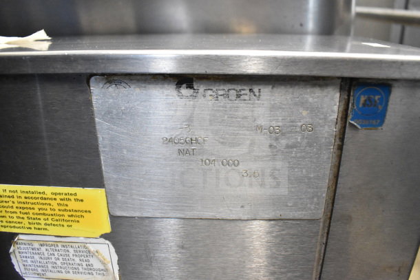 Groen natural gas braising pan, commercial floor style, 104,000 BTU, stainless steel, visible model tag and NSF label.