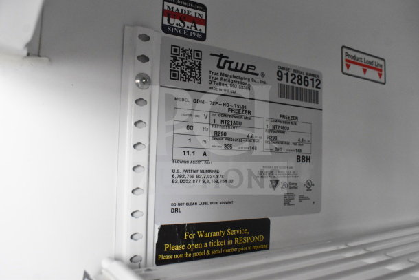 2017 True GDM-72F-HC 3 Door Freezer Merchandiser label, model and specs displayed. 115/208-230 volts, 1 phase.