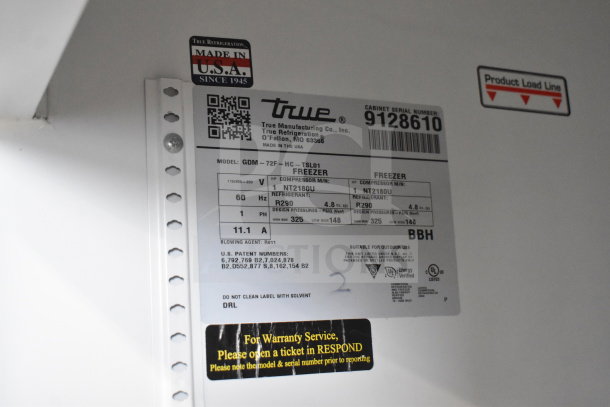2017 True GDM-72F-HC freezer label showing model, voltage, phase details, and made in USA marking.
