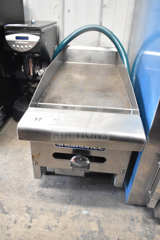 Radiance commercial countertop gas griddle, stainless steel, flat top, used condition, visible Radiance logo and control dial.