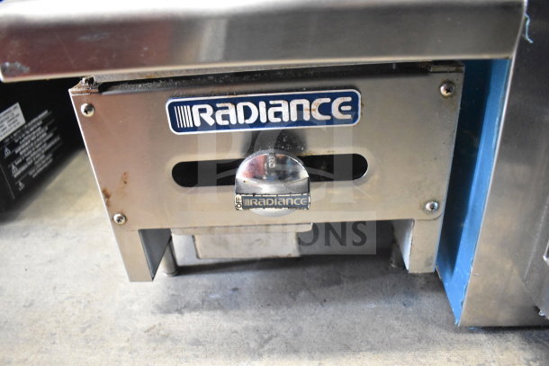 Radiance commercial countertop gas griddle with flat top, featuring brand logo and control knob, in used condition.