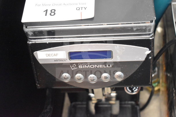 Nuova Simonelli Mythos One Clima Pro espresso grinder, decaf label, digital display, buttons for settings. 115V, 1 Phase.