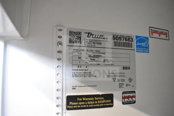 2017 True GDM-72-HC cooler label showing model details and specifications, including 115V, 1 Phase, Energy Star certified.