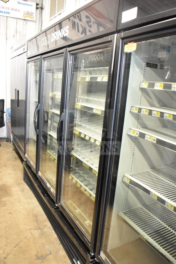 2017 True GDM-72-HC Commercial 3 Door Cooler Merchandiser, 115 Volts, 1 Phase, tested and working, "COLD DRINKS" label.