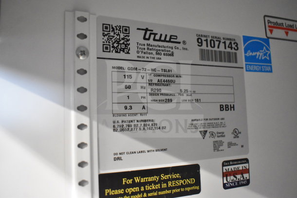 Alt text: 2017 True GDM-72-HC Commercial 3 Door Cooler label displaying model, 115V, 1 Phase, Energy Star certified, made in USA.