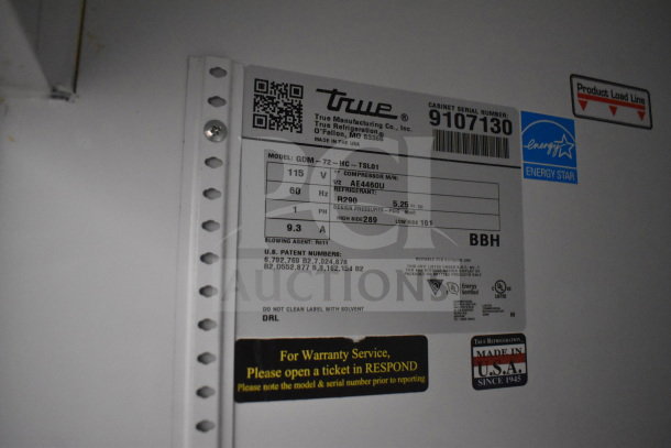 2017 True GDM-72-HC cooler label, showing model, 115V, 1 phase, refrigerant type, energy rating, and warranty info.