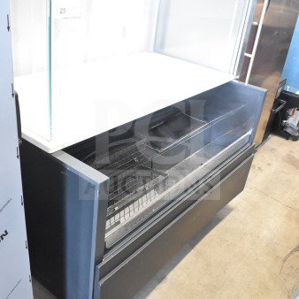 Commercial floor style horizontal grab-n-go merchandiser with top dry display case, in good condition.