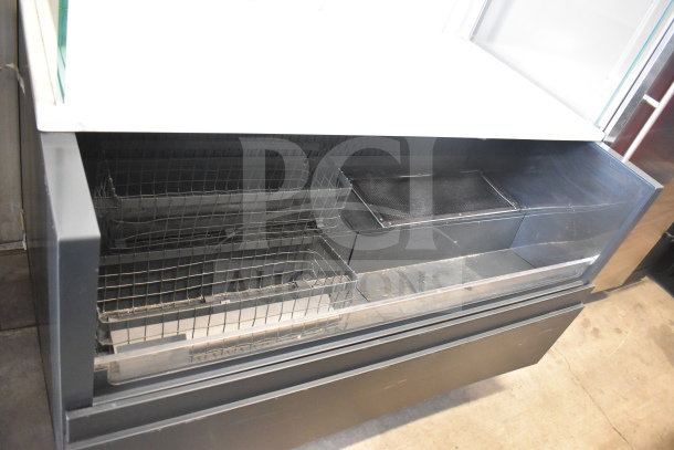 Commercial horizontal open grab-n-go merchandiser with top dry display case, black finish, wire shelves, used condition.
