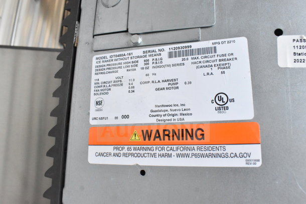 2022 Manitowoc SD0452A Ice Head with SPA310 Dispenser. 115V, 1 Phase. Features serial and model tags, UL listed.