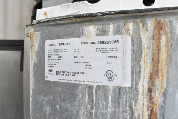 2022 Manitowoc SD0452A ice head on SPA310 dispenser, 115V, 1 phase, UL listed, model and serial numbers visible.
