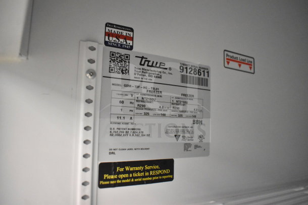 2017 True GDM-72F-HC freezer label showing model, serial number 9128611, voltage, and warranty information.
