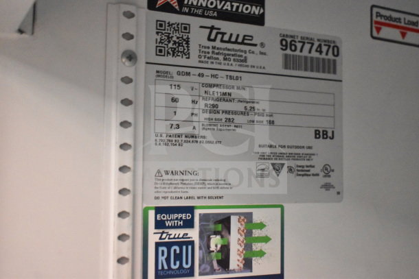 2019 True GDM-49-HC cooler label; 115V, 1 Phase, R290 refrigerant, tested working, includes True RCU technology sticker.