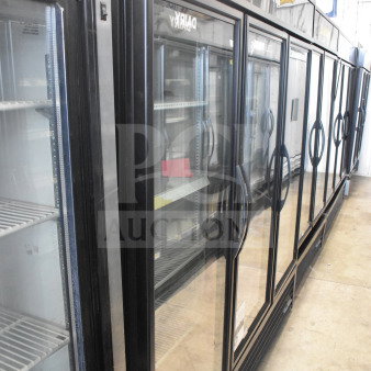 2019 True GDM-72-HC 3 Door Reach In Cooler, commercial use, 115V, tested and working, glass doors, shelves visible.