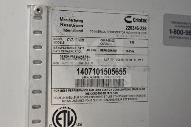 Label on Criotech CVZ-19 MRI Cooler showing model, serial number 1407101505655, voltage, refrigerant info, and manufacturing date.