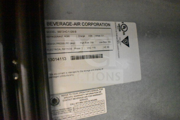 Beverage Air BB72HC-1-GS-B label showing model, electrical ratings, refrigerant R290, design pressure, and certification marks.