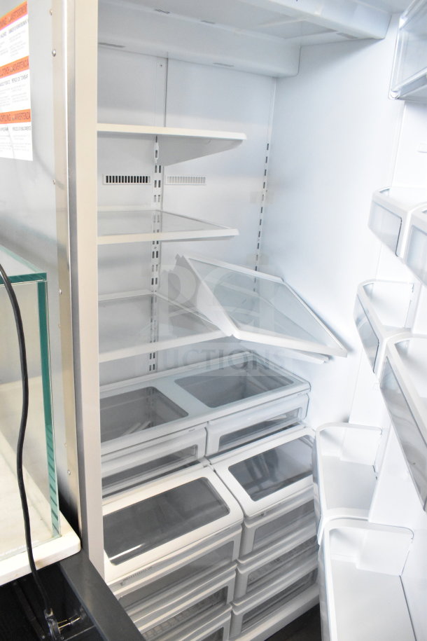 Stainless steel single door reach-in cooler with adjustable shelves and transparent bins, in excellent condition.