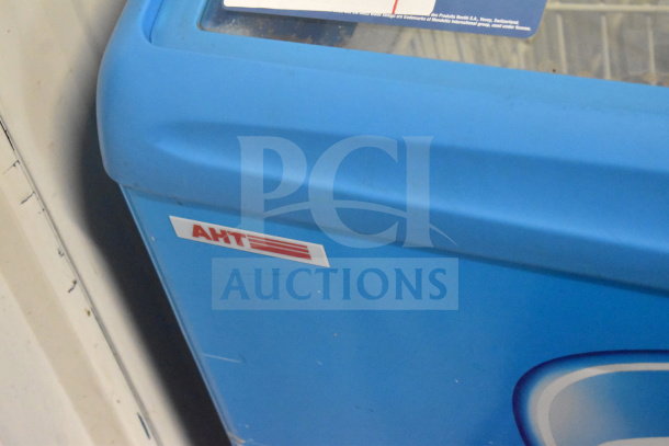 AHT RIO S 100 commercial chest freezer in blue. Features 115 volts, 1 phase. Tested and working, with visible AHT branding.
