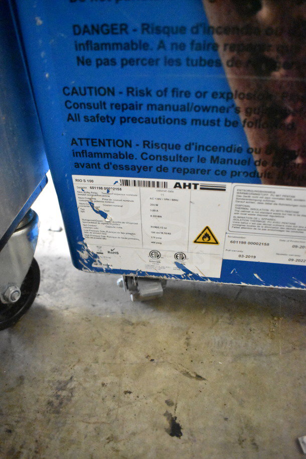 AHT RIO S 100 Commercial Chest Freezer Merchandiser, 115V, 1 Phase. Tested, working, visible safety and model labels.