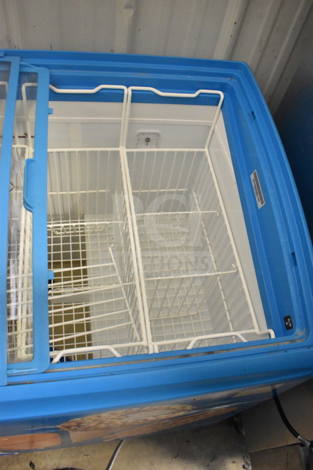 AHT RIO S 100 commercial chest freezer merchandiser, blue and white, 115V, tested and working, with interior wire baskets.