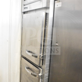 2021 True STG1F-2HSLH-HC commercial cooler, two half-size doors, stainless steel, on casters, 115V, 1 phase.