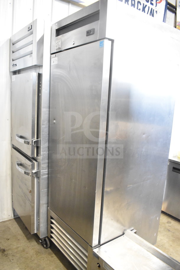 Ikon KB27R commercial single door reach-in cooler on casters. Stainless steel. 115 volts, 1 phase.
