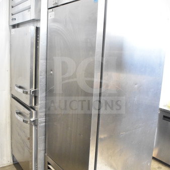 Ikon KB27R commercial single door reach-in cooler on casters. Stainless steel. 115 volts, 1 phase.