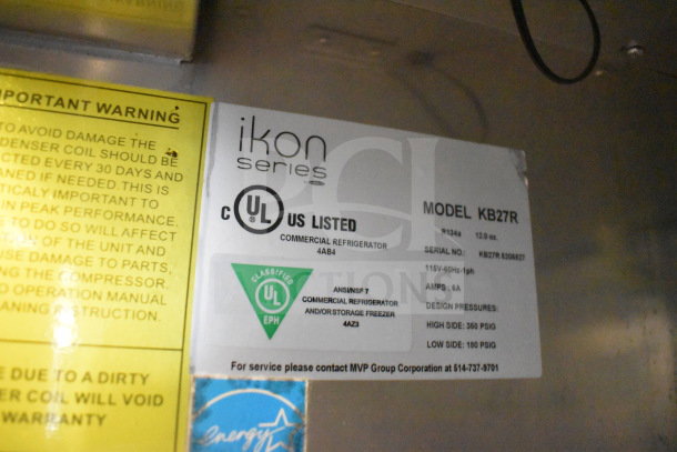 Ikon KB27R Commercial Cooler label showing UL certification, 115V, and operational specifications.