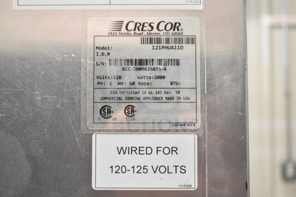 CresCor 121PHUA11D Heated Holding Cabinet, 120V, 1 Phase, commercial casters, CSA certified, wired for 120-125 volts.