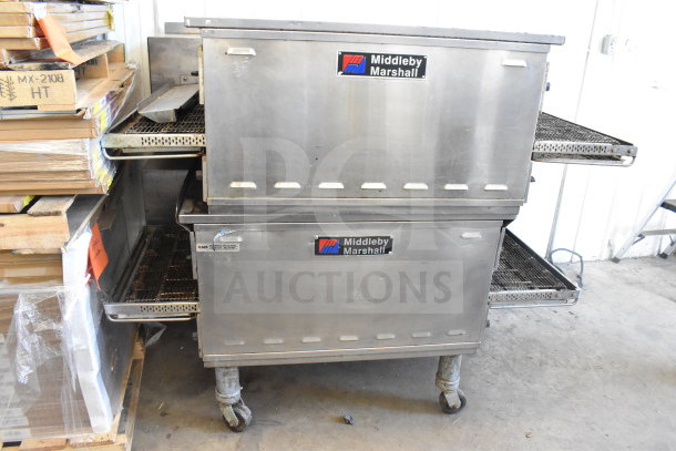 2 Middleby Marshall PS638G stainless steel conveyor pizza ovens on casters, natural gas, 89,000 BTU, tested and working.