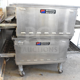 2 Middleby Marshall PS638G stainless steel conveyor pizza ovens on casters, natural gas, 89,000 BTU, tested and working.