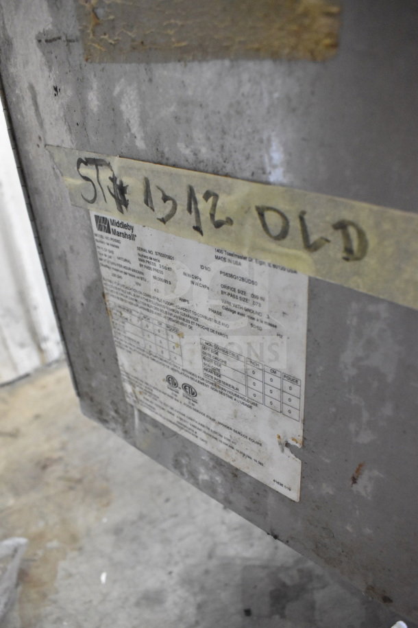Close-up of a Middleby Marshall PS638G label on a stainless steel conveyor pizza oven. Note: tested and working.