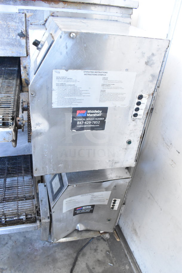 Middleby Marshall PS638G conveyor pizza oven, 2021, stainless steel, natural gas, on casters. Operating instructions visible.
