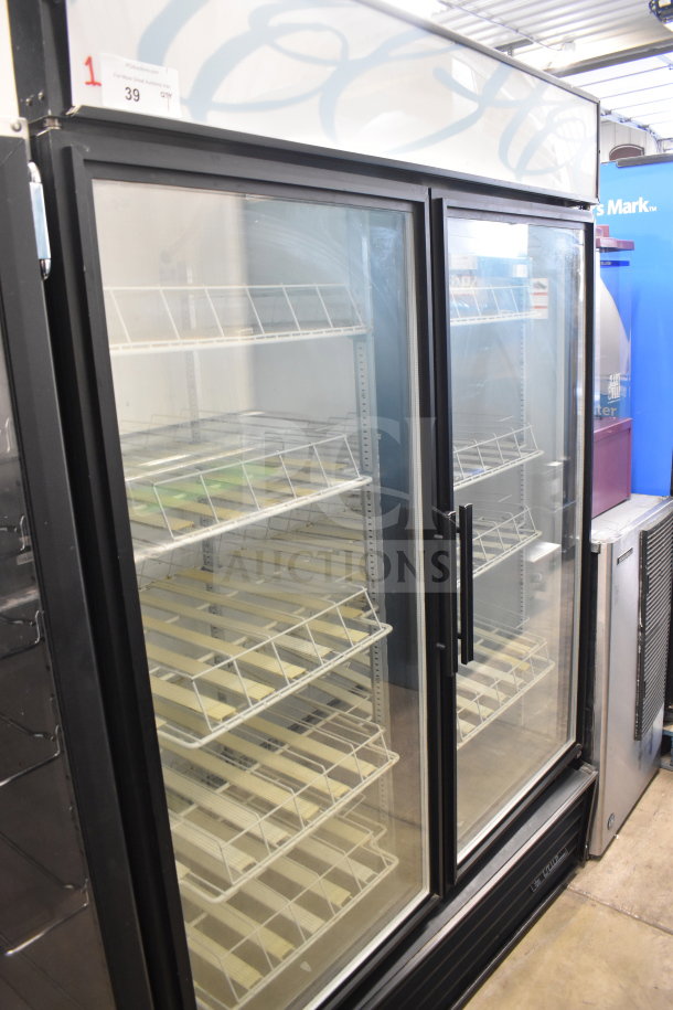 True GDM-49 commercial 2-door cooler, 115 volts, 1 phase. Features glass doors, multiple shelves, and a black exterior.