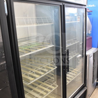 True GDM-49 commercial 2-door cooler, 115 volts, 1 phase. Features glass doors, multiple shelves, and a black exterior.
